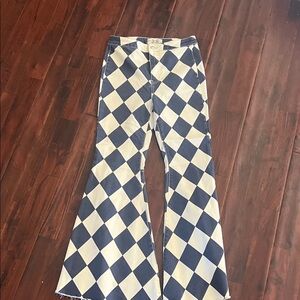 Free People Blue and White Checkered Flare Pants